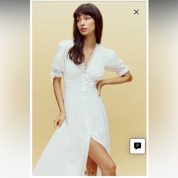 Reformation Dresses & Skirts - new Reformation Ketra puff sleeve button up lace trim midi dress in white cotton
